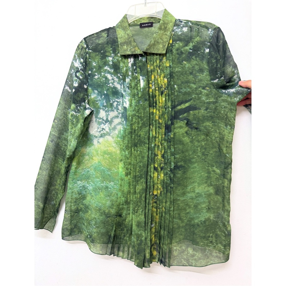 Akris Tree Forest Print Silk Chiffon Blouse Top Pleated Green Foliage Floral 8 - Picture 7 of 16